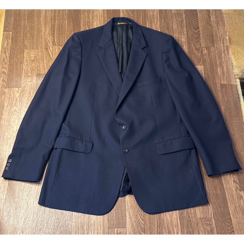 Kingsridge Pure Wool Navy Blue Herringbone Blazer Sport Coat Mens 44L